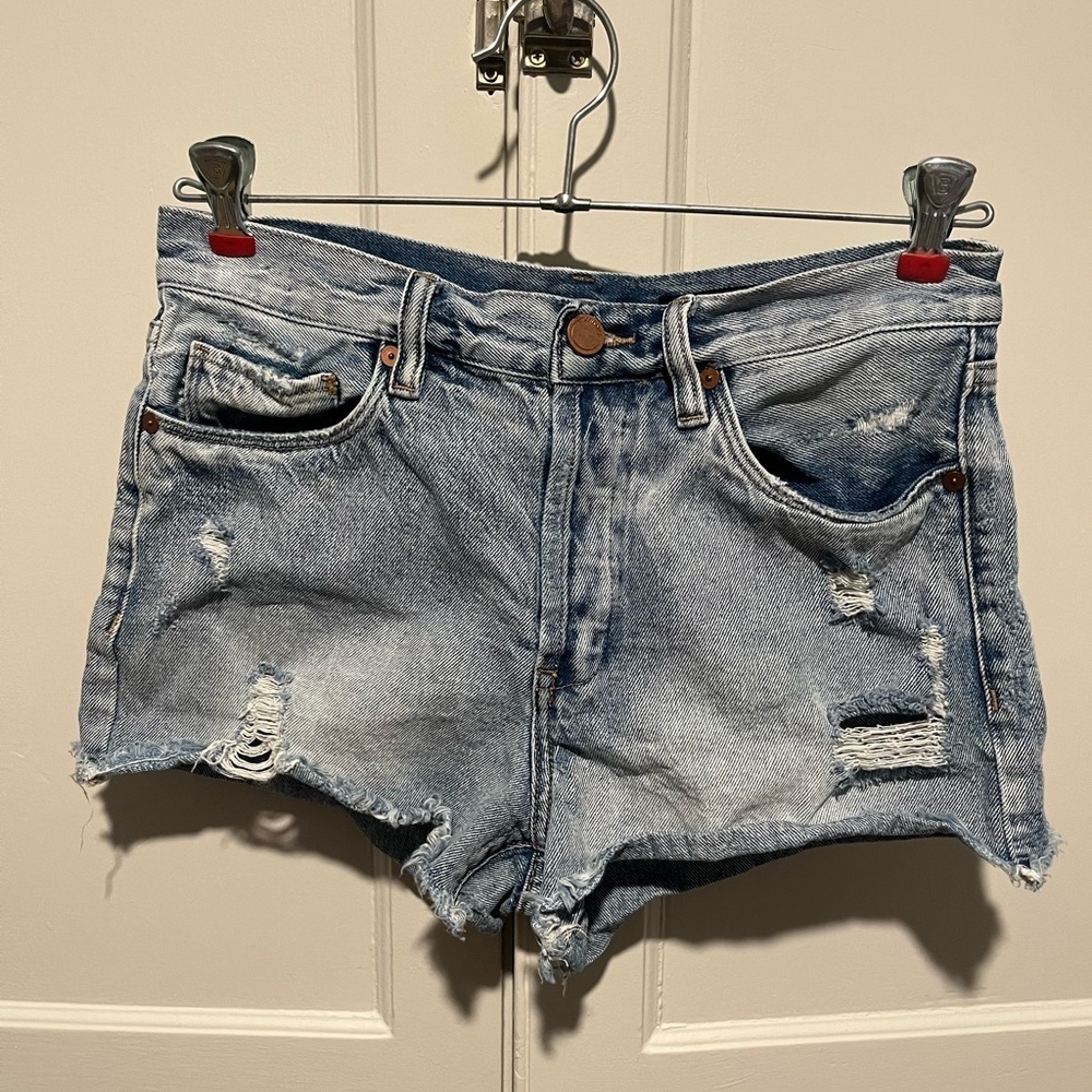 BlankNYC High Rise Distressed Blue Denim Shorts